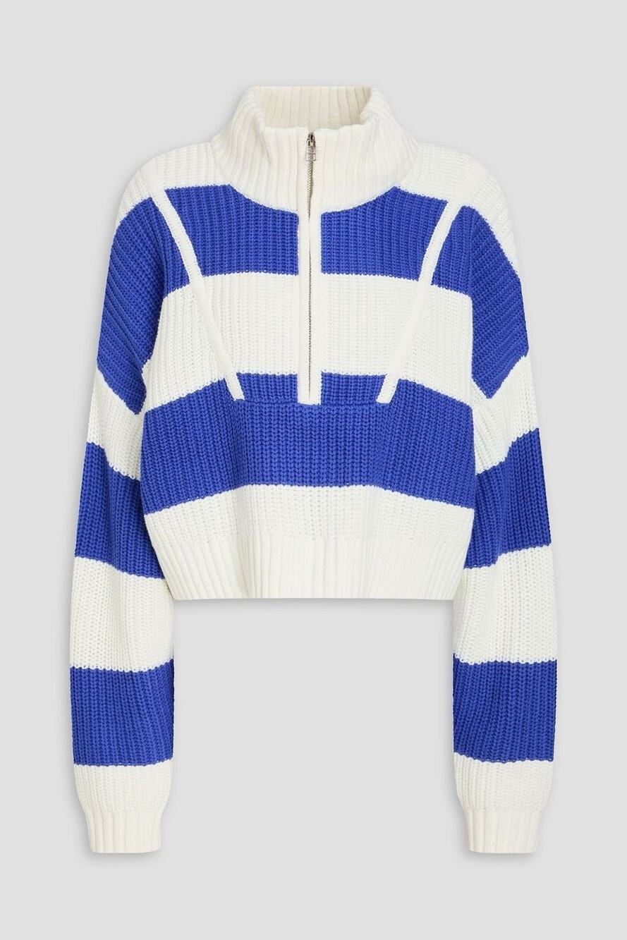 STAUDE Blue White Striped Quarter Zip Ribbed Cotton Blend Sweater Oversized M